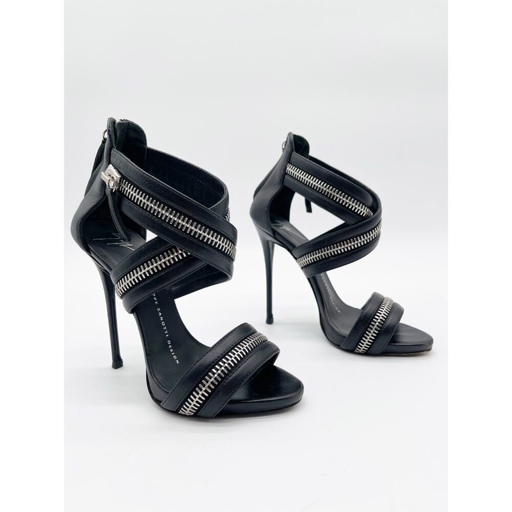 Giuseppe Zanotti Black Leather Zipper Strap Stiletto Cage Sandal Heels IT 36